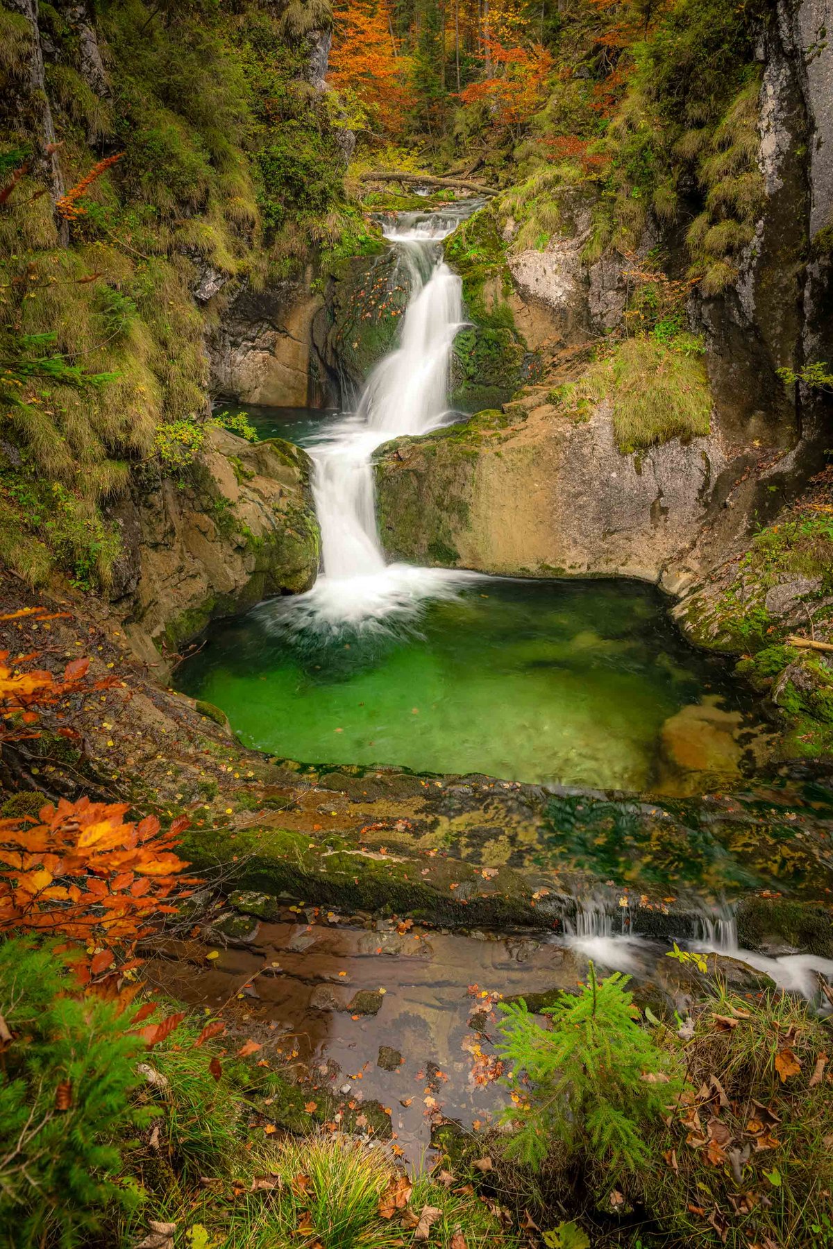 Een tweeledige waterval stormt neer in een smaragdgroene bergpoel, omringd door herfstkleurig bos en bemoste rotspartijen.