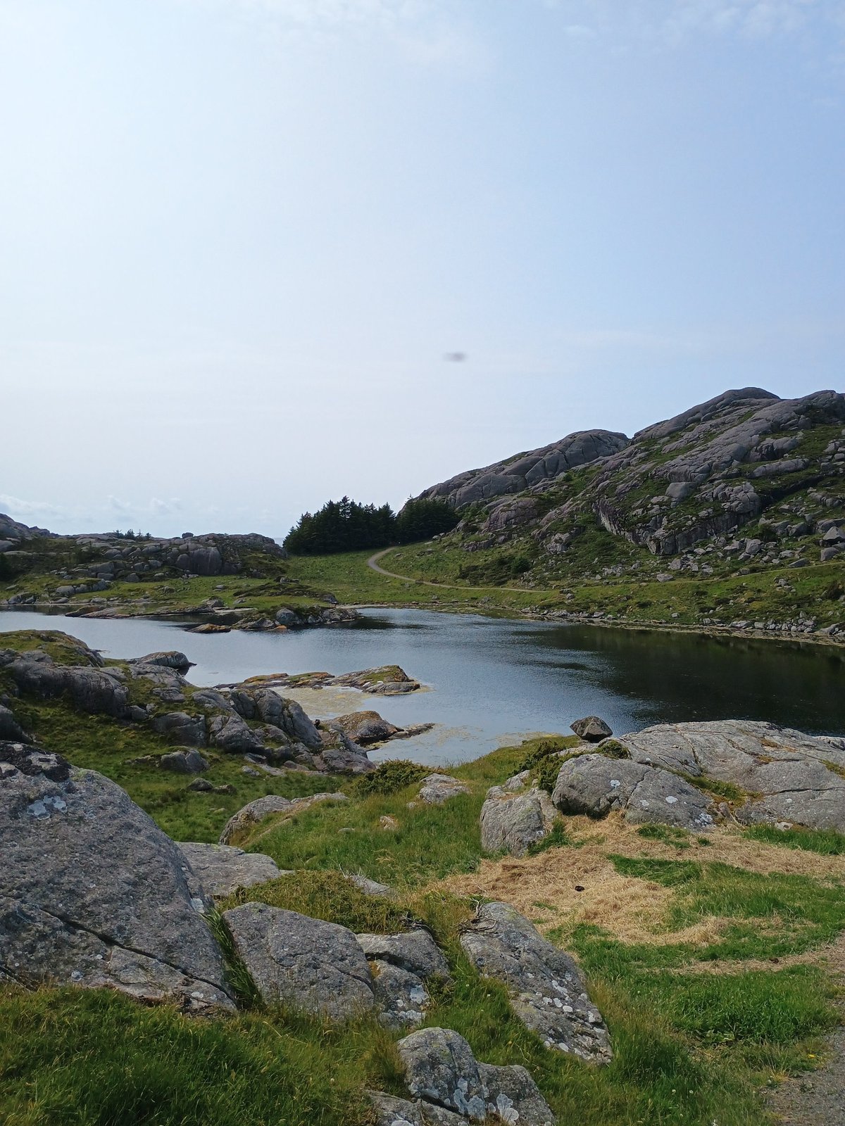 Een kalm bergmeer omgeven door granieten rotsen en groen gras in een Scandinavisch hooglandlandschap.