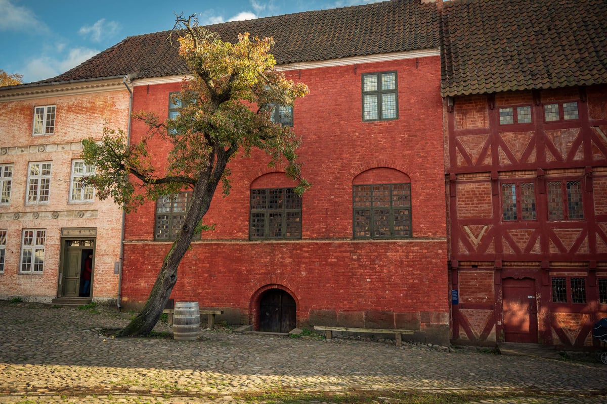 Historische binnenplaats met rode bakstenen gebouwen, vakwerkgevel en een scheve boom in herfstkleur op kasseien.