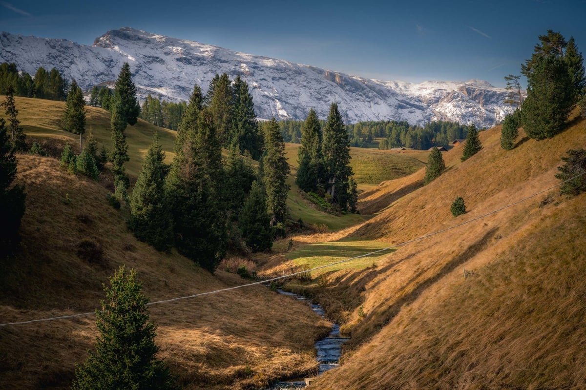 Wandelaar op de Seiser Alm met panoramisch uitzicht over de Dolomieten bergtoppen