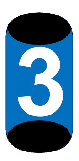 Blue cylinder with white number three on its surface.