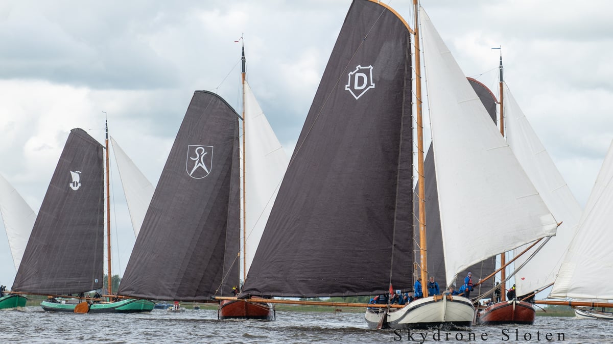 Traditionele houten zeilboten met donkere zeilen en heraldische emblemen varen dicht bij elkaar tijdens een regatta op een Fries binnenwater.