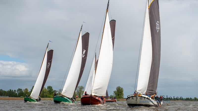 Vier traditionele Friese zeilboten met bruine en witte zeilen varen in formatie over een bewolkt meer.
