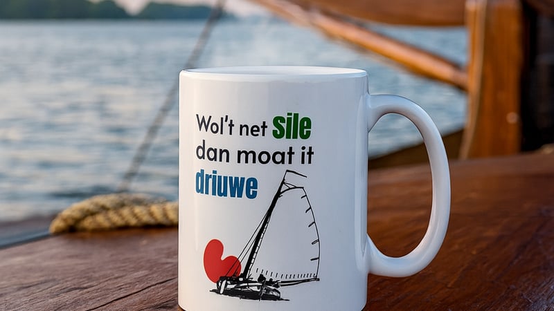 Witte mok met Friestalige zeiltekst op het dek van een houten zeilboot met kalm water op de achtergrond.